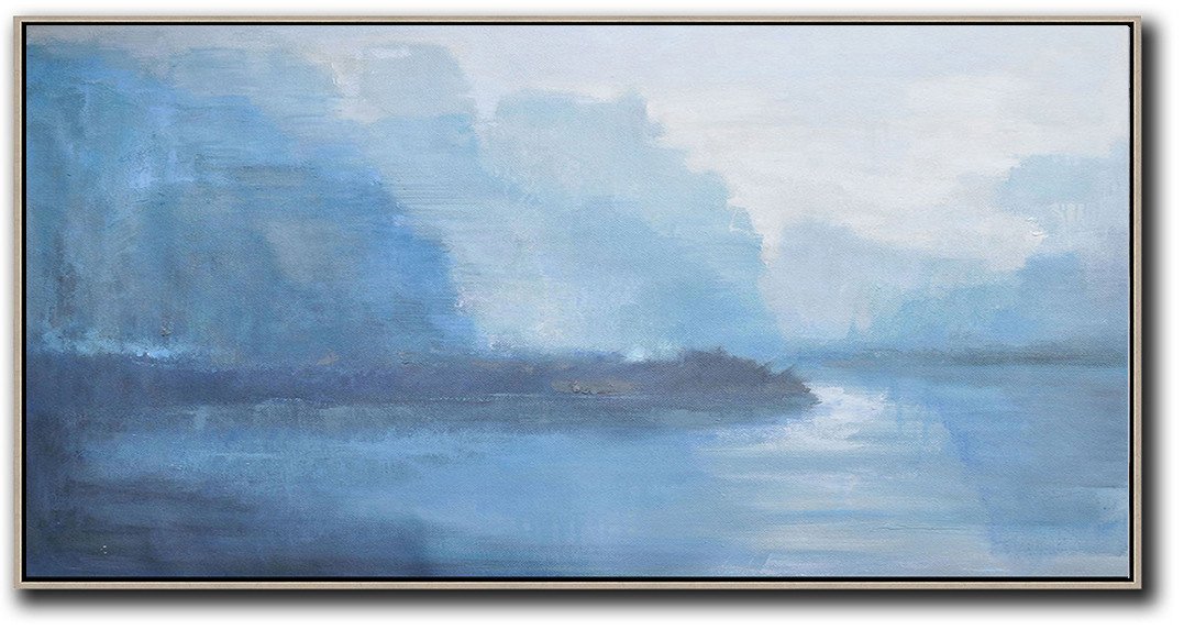 Handmade Large Painting,Panoramic Abstract Landscape Painting,Modern Abstract Wall Art,Grey,Sky Blue,White.etc